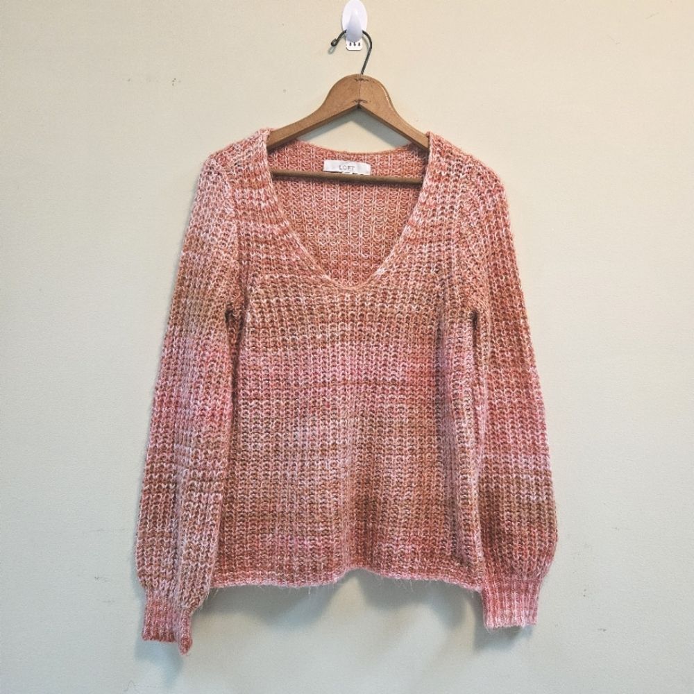 Loft Space Dye Sweater Women Sz S Orange/Pink Chunky Knit Balloon Sleeves V-neck